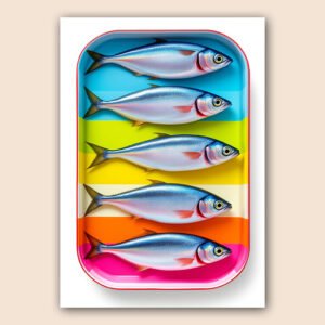 Affiche pop avec cinq poissons argentés alignés dans une boîte colorée à bandes bleu, jaune, orange et rose.