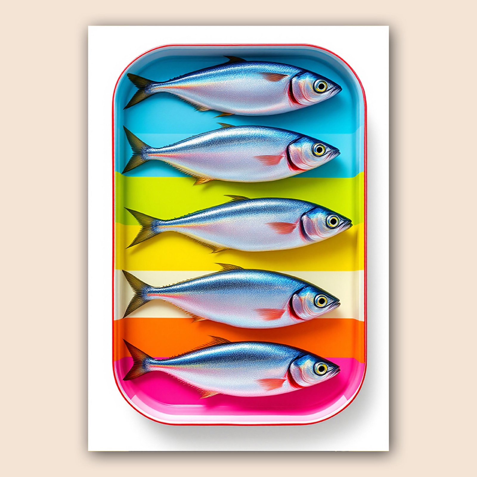 Affiche pop avec cinq poissons argentés alignés dans une boîte colorée à bandes bleu, jaune, orange et rose.