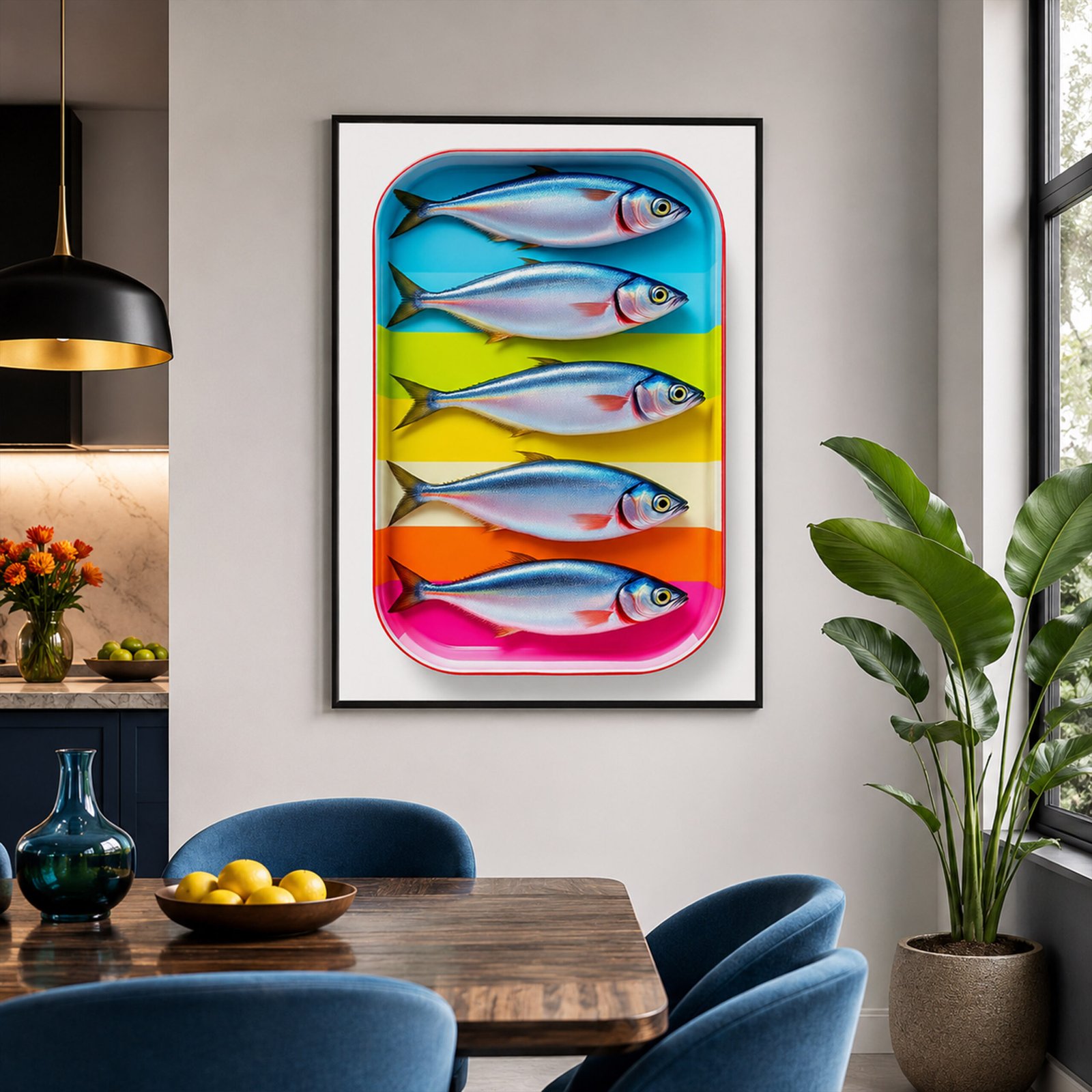 Affiche pop avec cinq poissons dans une boîte colorée, accrochée dans une salle à manger moderne avec chaises bleues et plante verte.