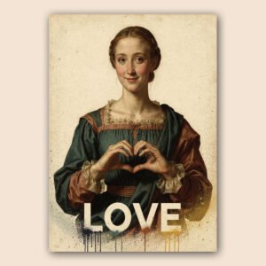 Affiche portrait féminin classique avec mains en forme de cœur, texte Love blanc et fond vintage patiné.