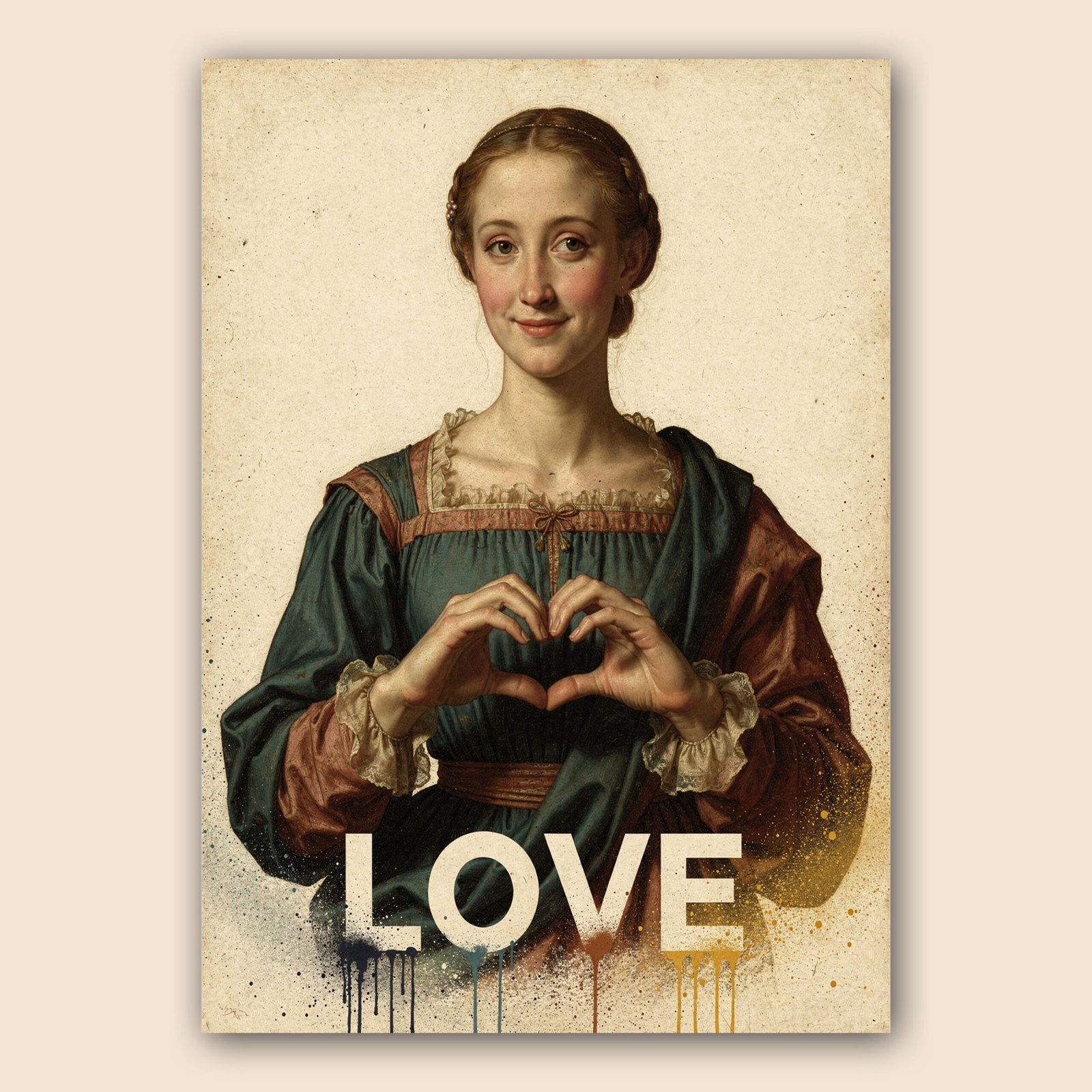 Affiche portrait féminin classique avec mains en forme de cœur, texte Love blanc et fond vintage patiné.
