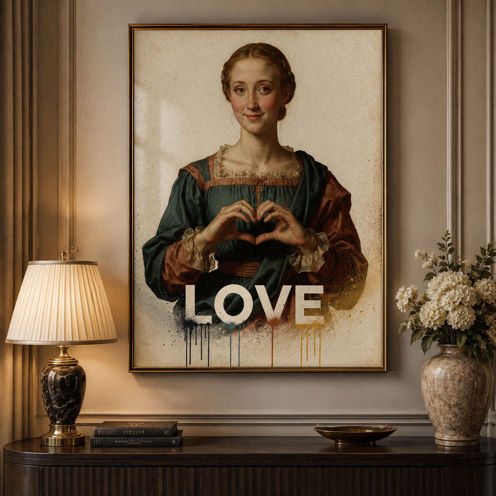 Affiche portrait féminin classique avec mains en forme de cœur et texte Love, accrochée dans un intérieur élégant avec lampe et fleurs blanches.