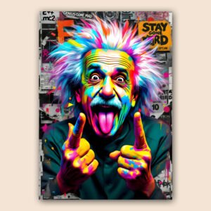 Affiche pop art avec un scientifique excentrique aux cheveux blancs, visage coloré, langue tirée et fond urbain graffiti.