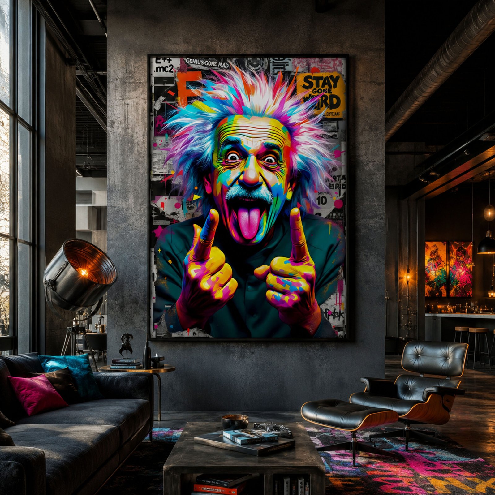 Affiche pop art colorée avec scientifique excentrique, cheveux blancs et langue tirée, accrochée dans un loft industriel avec mur en béton et canapé sombre.
