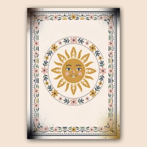 Affiche folk vintage avec soleil souriant, cercle floral, fleurs roses, feuillages verts et bordure décorative sur fond clair.