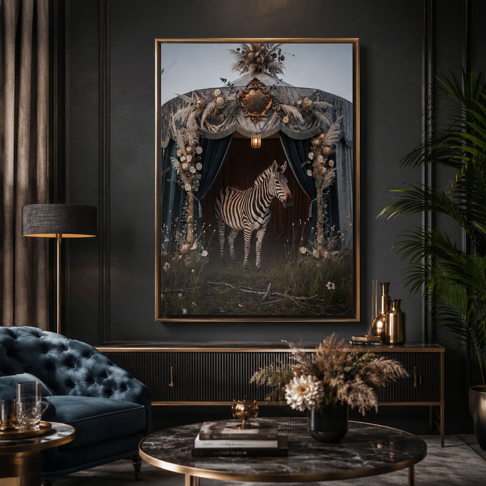 Affiche zèbre sous chapiteau fleuri accrochée dans un salon sombre avec canapé bleu, mobilier noir, touches dorées et plante verte.