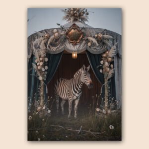 Affiche avec zèbre sous un chapiteau ancien décoré de fleurs séchées, pampas, tentures bleues et ornements vintage.