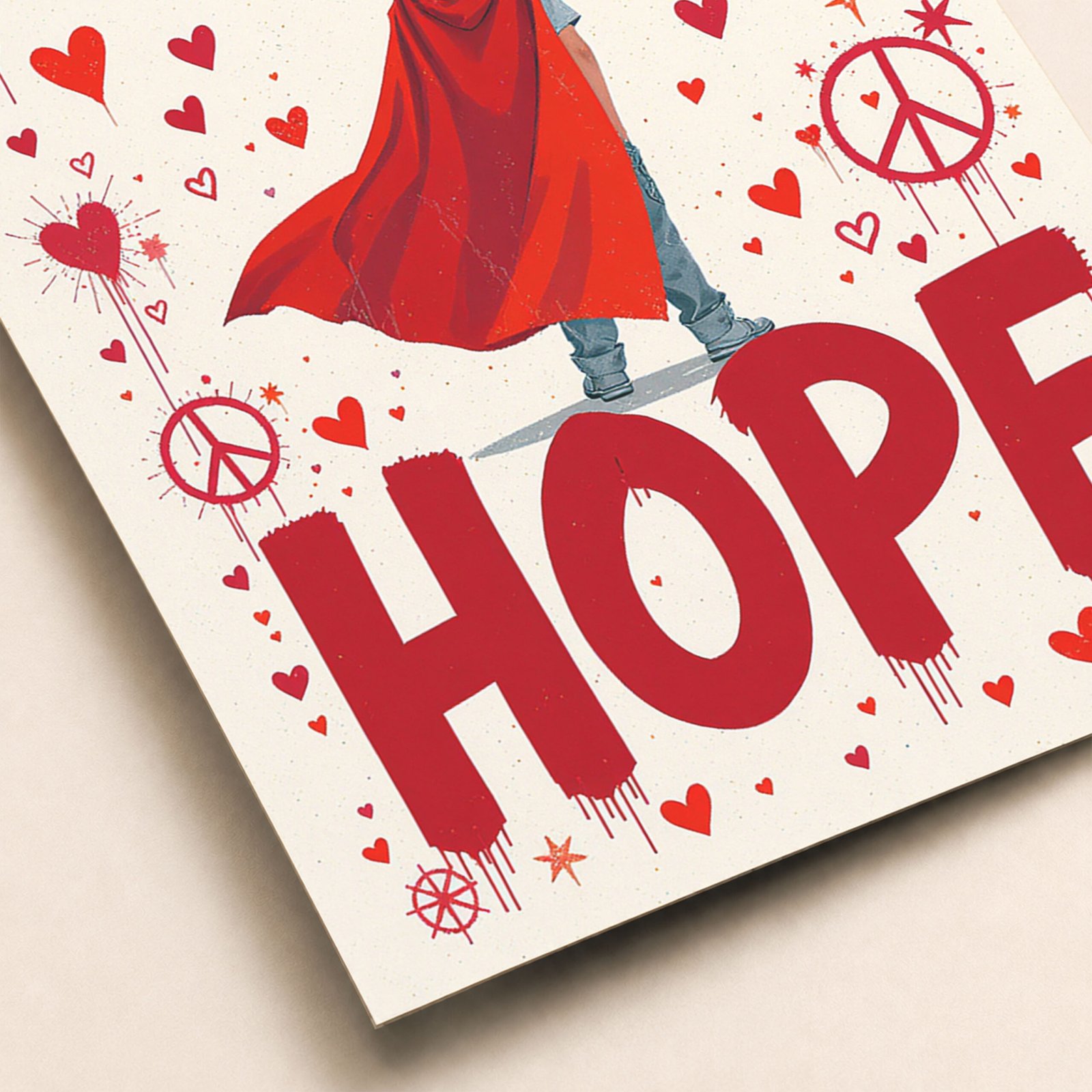 Gros plan sur une affiche HOPE avec cape rouge de super-héros, cœurs rouges et symboles de paix sur fond clair.