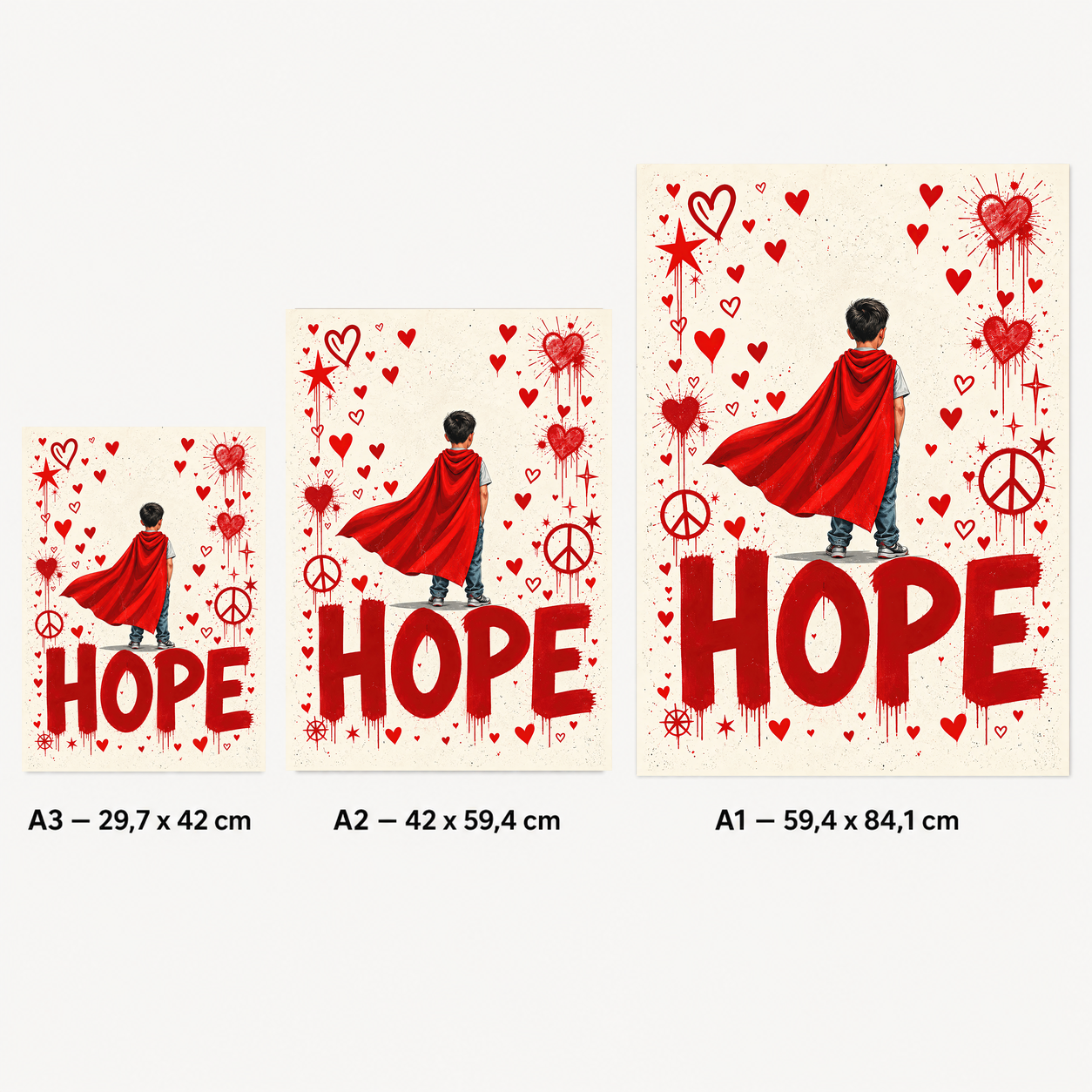 Gros plan sur une affiche HOPE avec cape rouge de super-héros, cœurs rouges et symboles de paix sur fond clair.