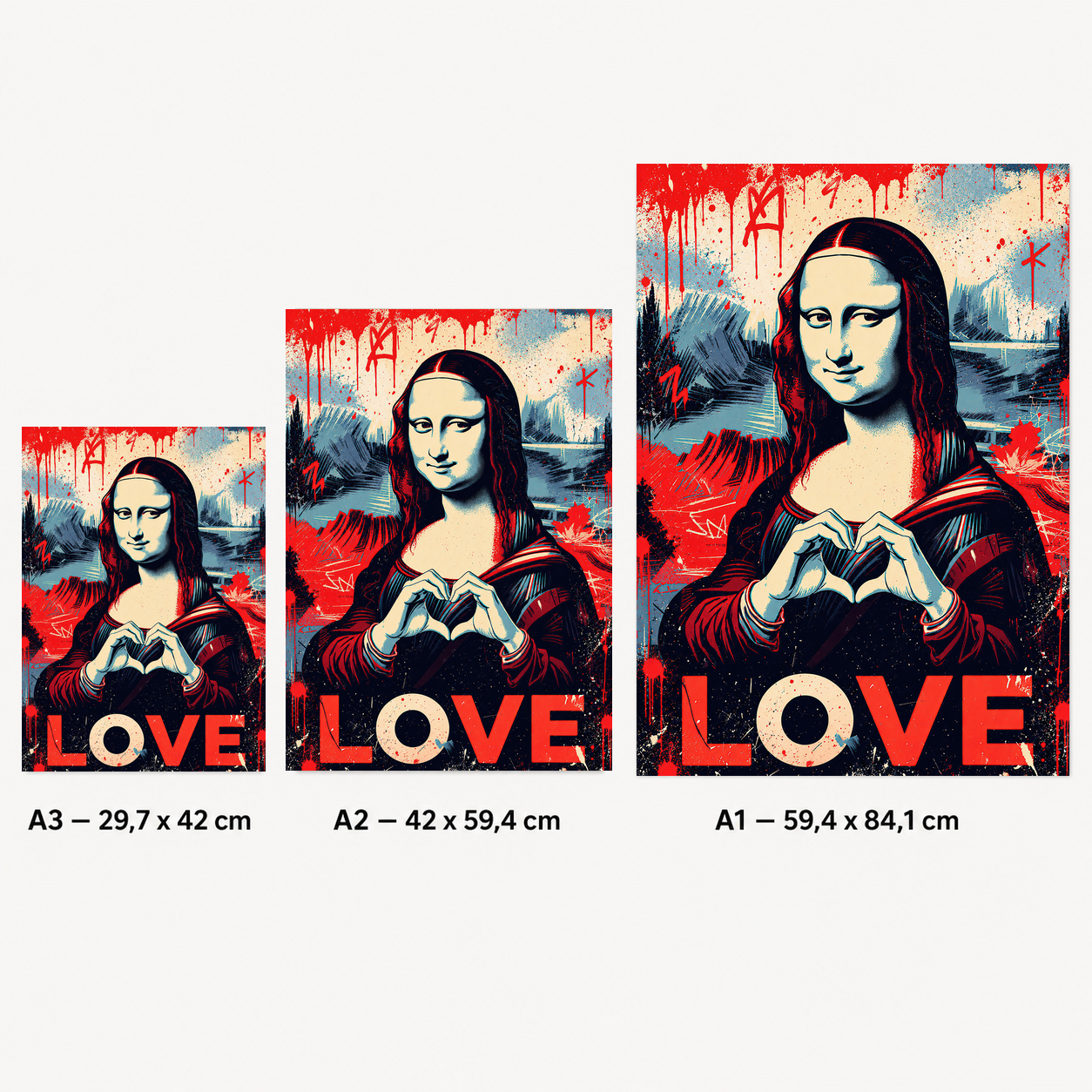 Gros plan sur une affiche Joconde LOVE en style street art, avec mains en forme de cœur, lettres rouges et fond graphique bleu et rouge.