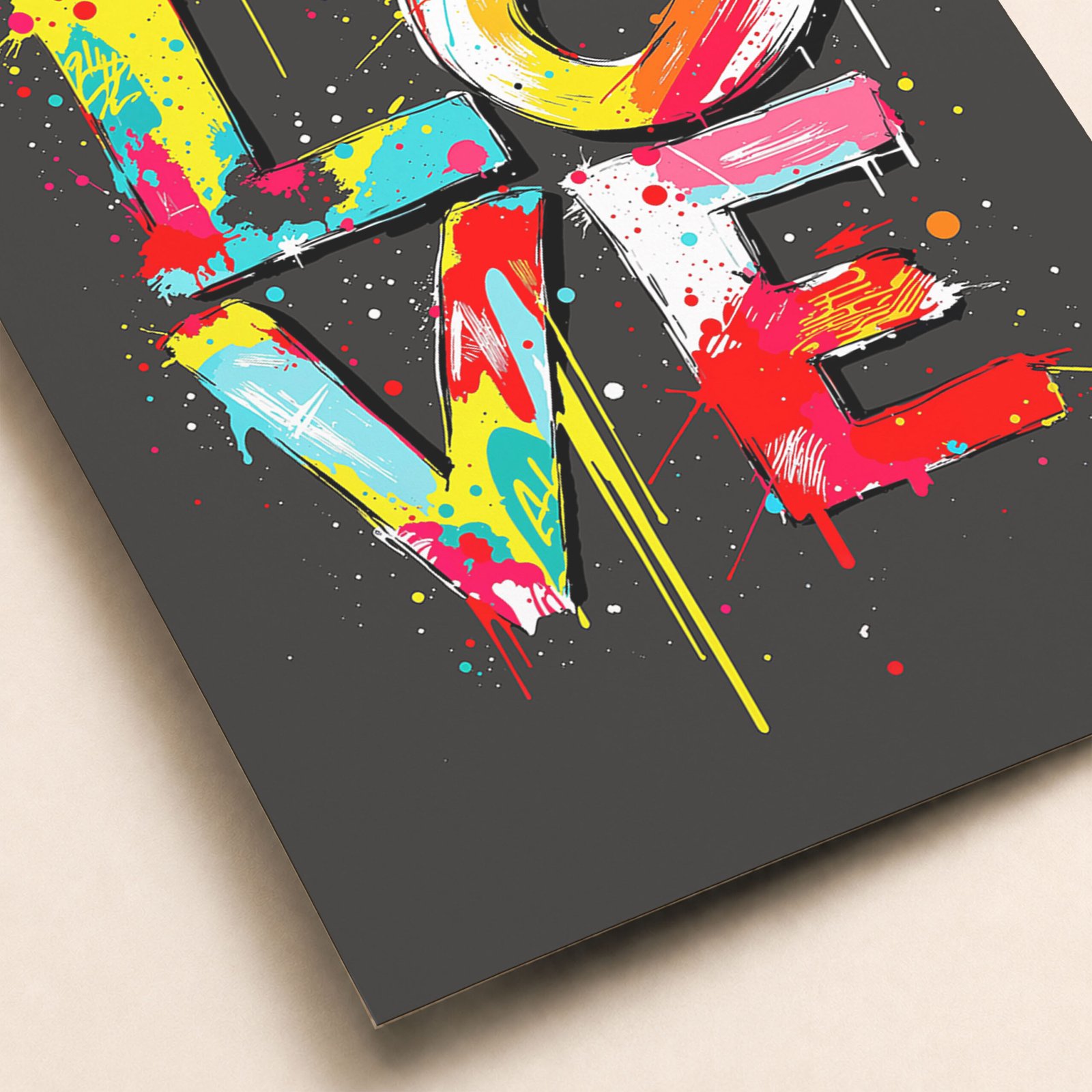 Gros plan sur une affiche LOVE pop art avec lettres colorées, éclats de peinture vive et fond sombre.