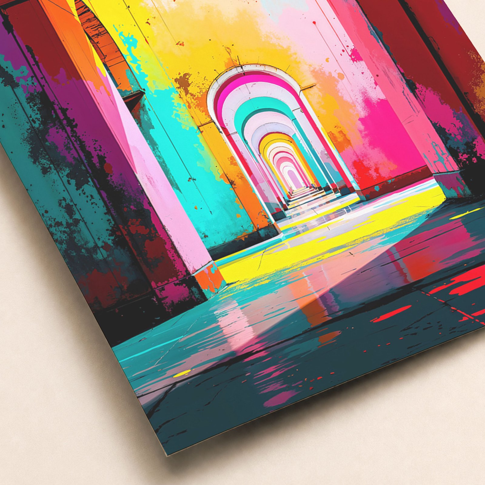 Gros plan sur une affiche avec arches colorées en perspective, éclats de peinture et reflets au sol dans un style pop art.