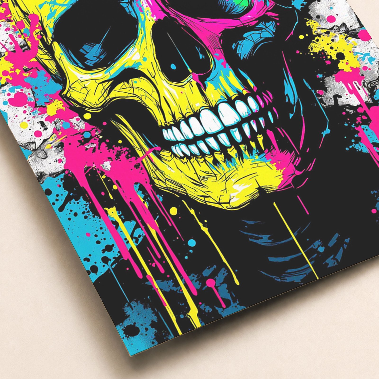 Gros plan sur une affiche crâne pop art avec dents blanches, éclats de peinture rose, jaune et turquoise, et fond noir graphique.