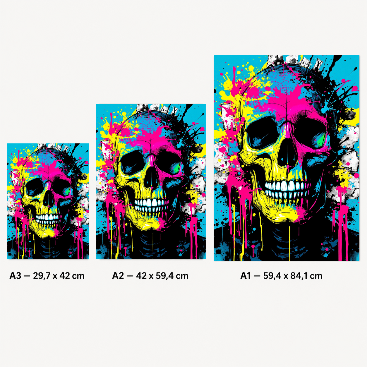 Gros plan sur une affiche crâne pop art avec dents blanches, éclats de peinture rose, jaune et turquoise, et fond noir graphique.