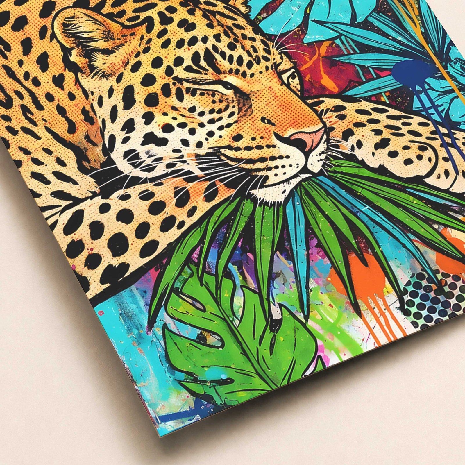 Gros plan sur une affiche léopard pop art avec feuillages tropicaux, couleurs vives, motifs graphiques et fond turquoise.
