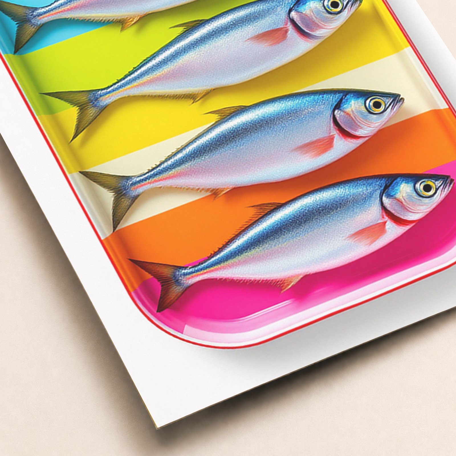 Gros plan sur une affiche pop avec poissons argentés dans une boîte colorée à bandes jaunes, orange et rose.