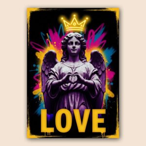 Affiche street art avec statue d’ange, ailes violettes, mains en forme de cœur, couronne lumineuse et texte Love jaune.