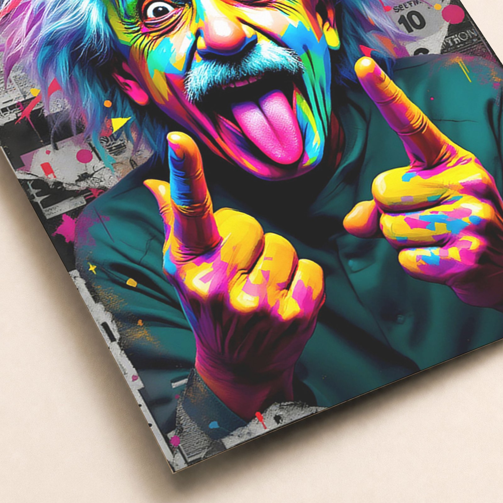 Gros plan sur une affiche pop art avec scientifique excentrique, visage coloré, langue tirée et mains pointées vers l’avant.