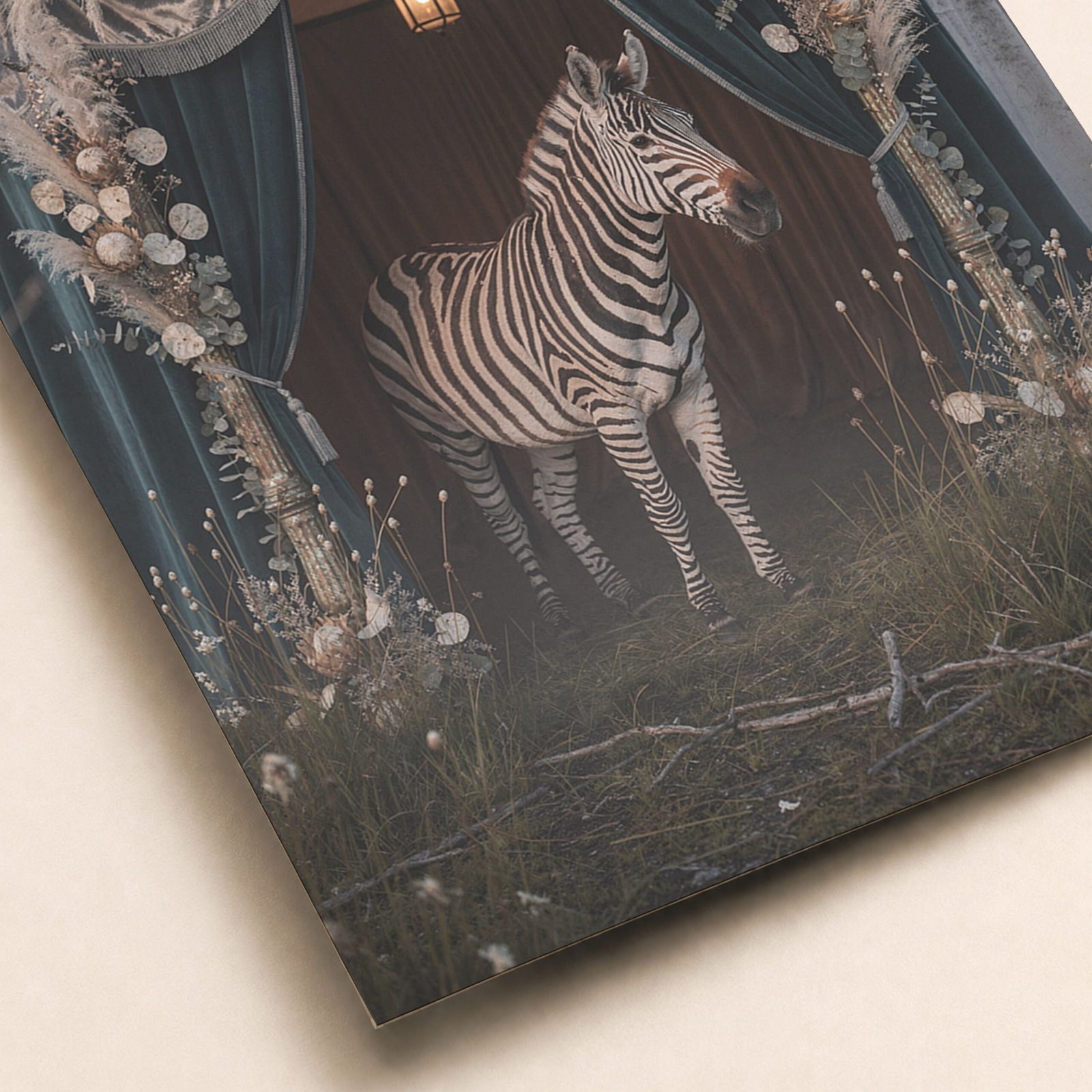 Gros plan sur une affiche avec zèbre sous chapiteau ancien, tentures sombres, fleurs séchées, pampas et herbes hautes.