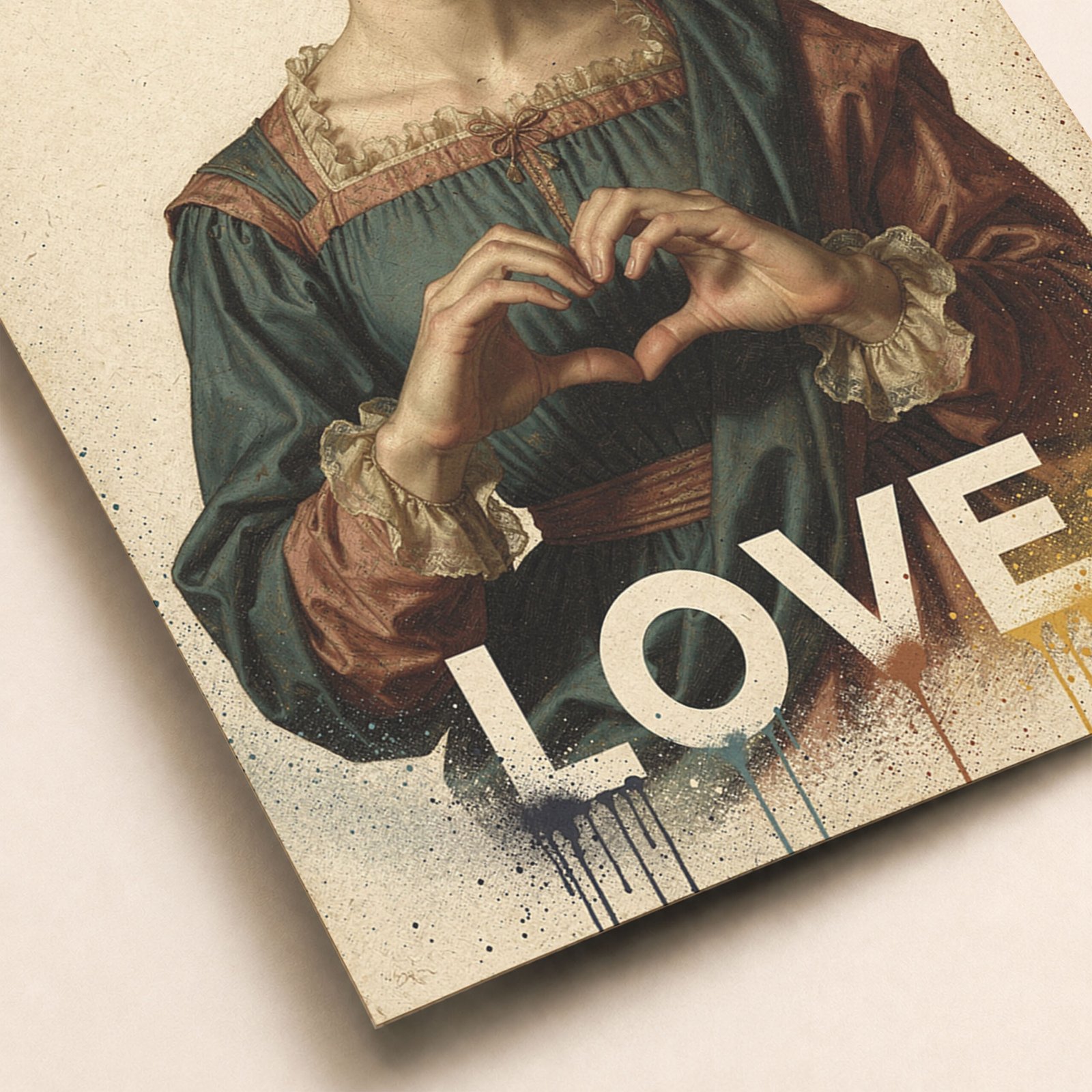 Gros plan sur une affiche portrait classique avec mains en forme de cœur, texte Love blanc et effets de peinture.