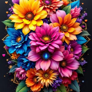 Affiche bouquet floral coloré sur fond noir