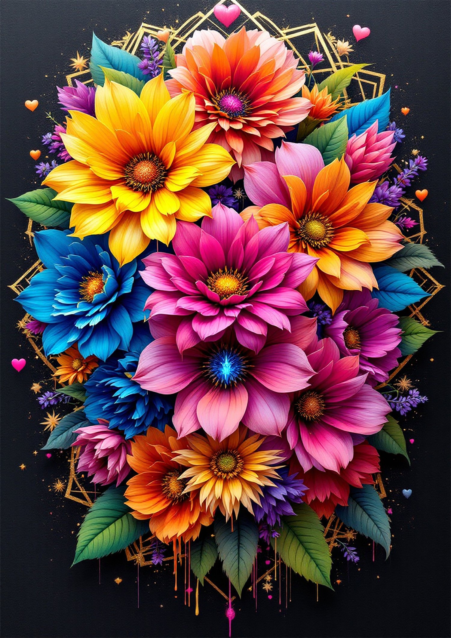 Affiche bouquet floral coloré sur fond noir