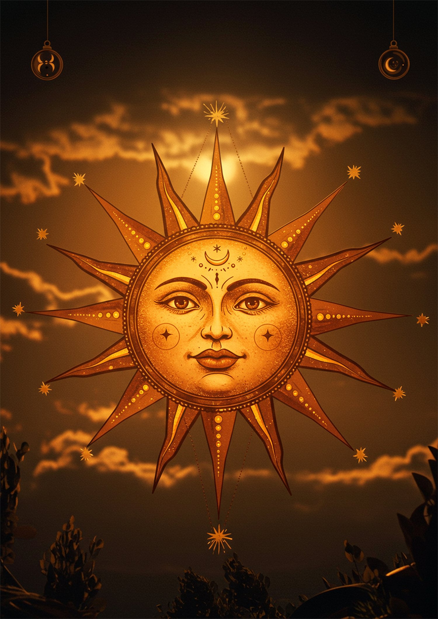 Affiche soleil mystique doré pour ambiance chaleureuse