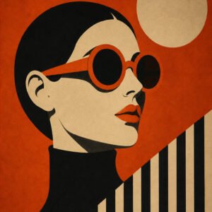 Affiche portrait féminin rétro orange et graphique
