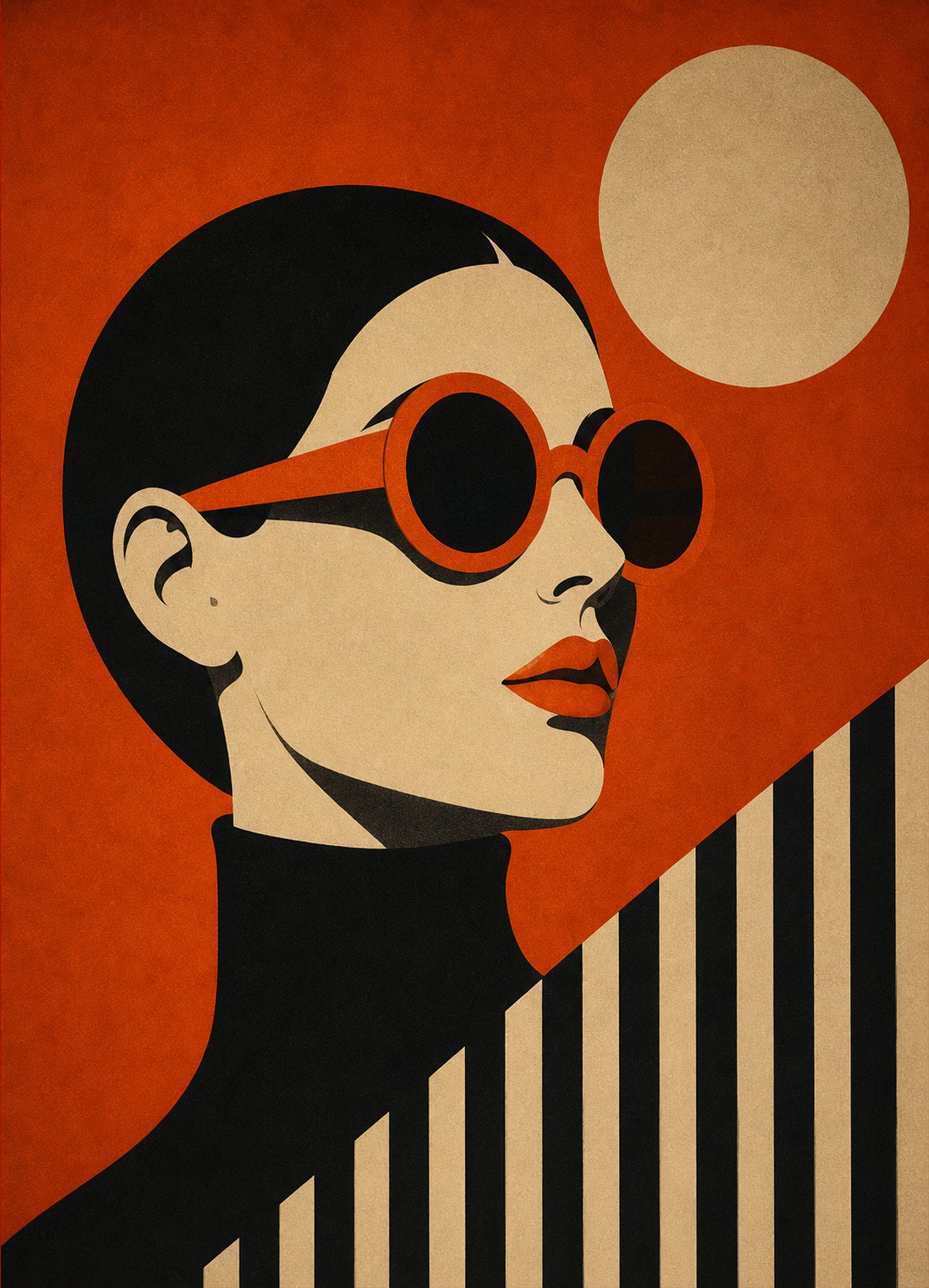 Affiche portrait féminin rétro orange et graphique