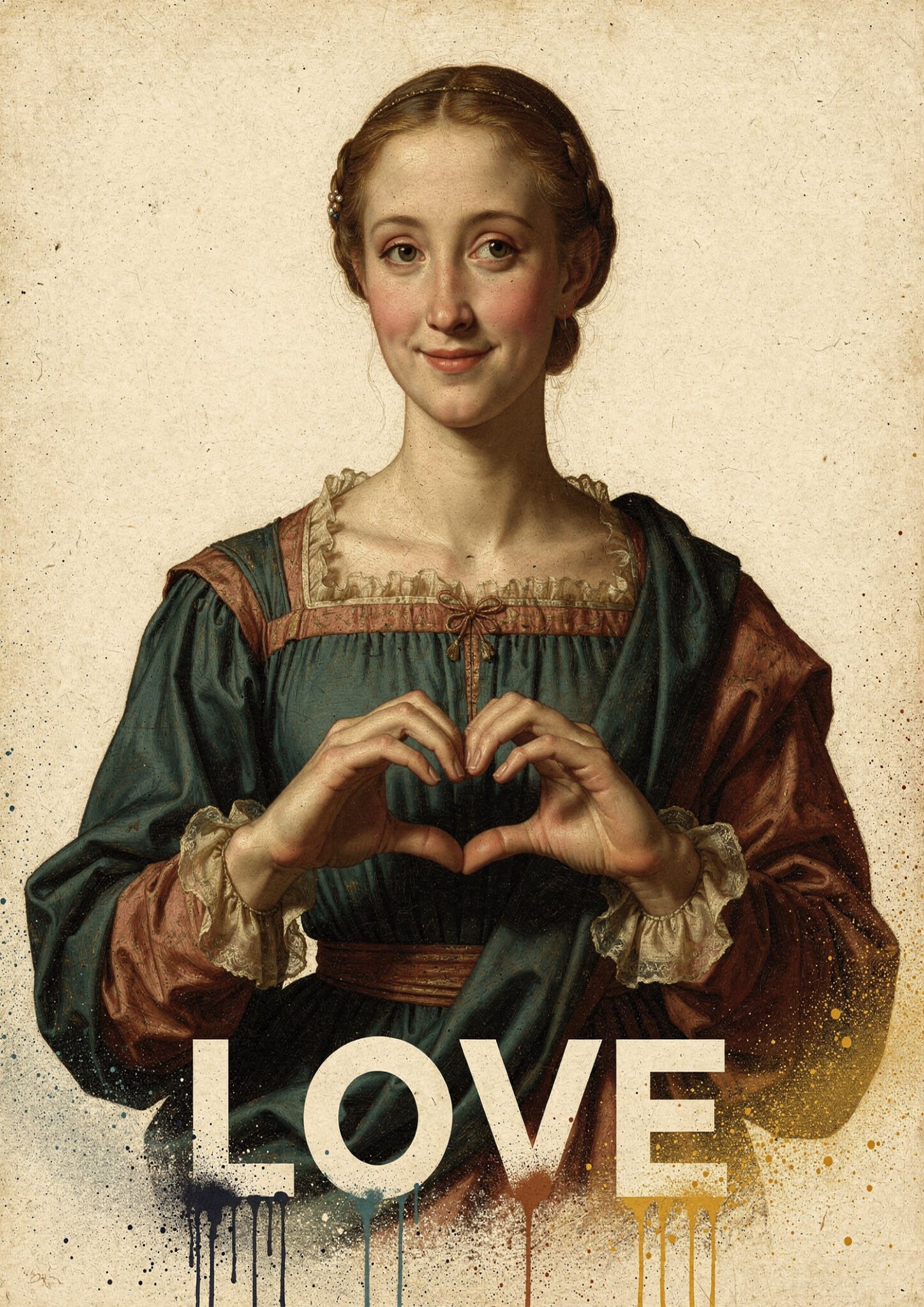 Affiche LOVE montrant une femme inspirée de la Renaissance formant un cœur avec ses mains sur fond beige patiné.
