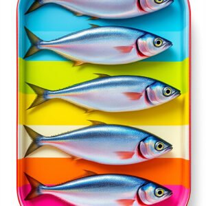 Affiche pop avec cinq poissons argentés alignés dans une boîte multicolore à bandes turquoise, jaune, orange et rose sur fond blanc.