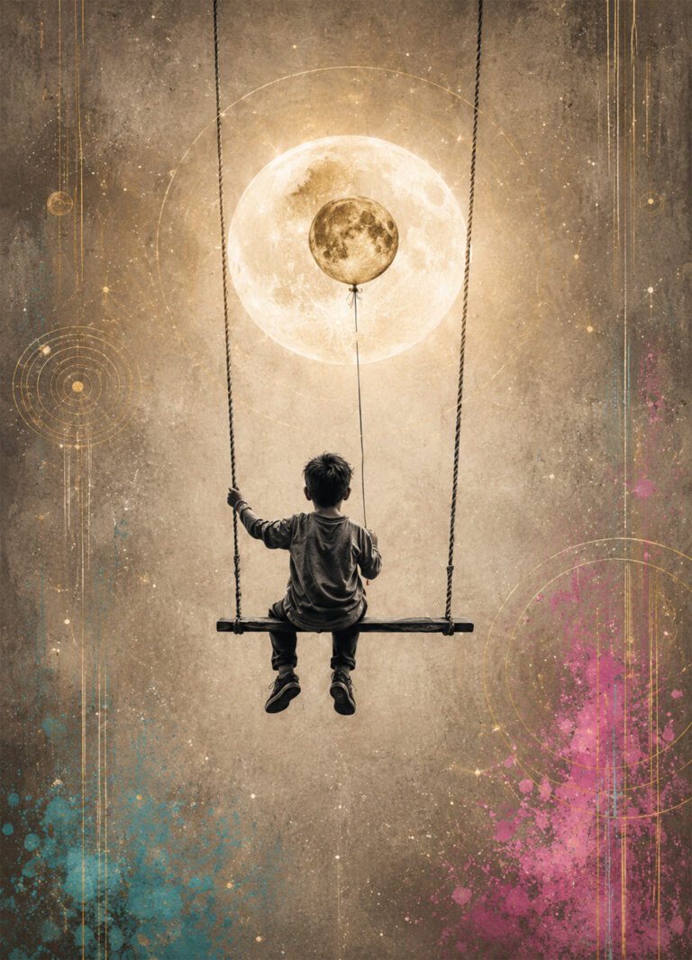 Affiche poétique représentant un enfant sur une balançoire face à une grande lune dorée et tenant un ballon en forme de lune.