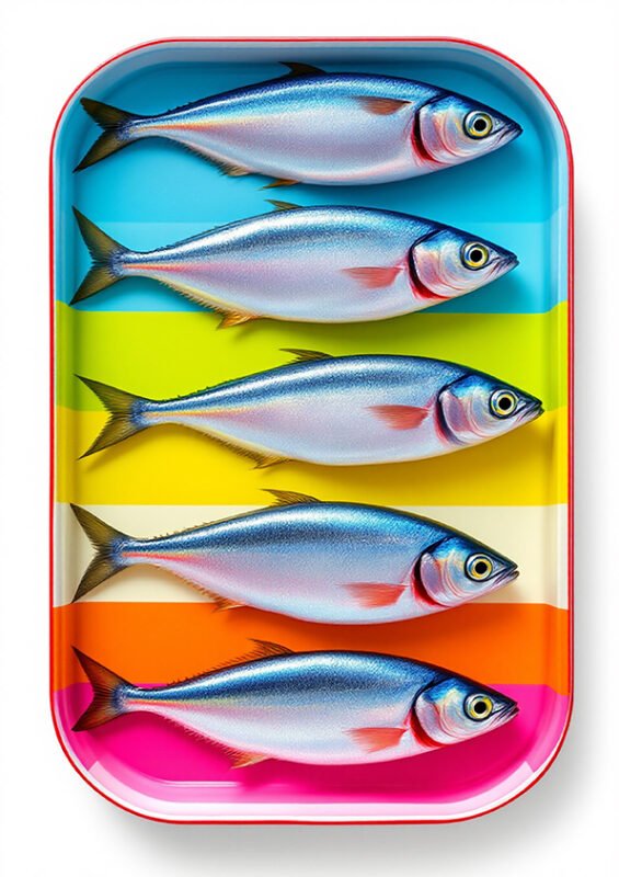 Affiche pop avec cinq poissons argentés alignés dans une boîte multicolore à bandes turquoise, jaune, orange et rose sur fond blanc.