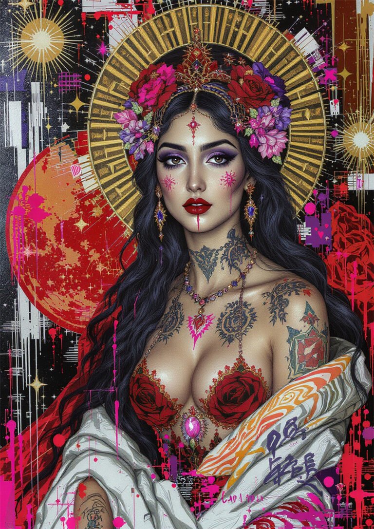 Affiche femme baroque street art avec couronne de roses rouges, tatouages, halo doré et coulures roses sur fond noir.