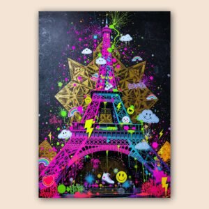Illustration pop art de la Tour Eiffel avec graffitis fluo, formes dorées, nuages, arcs-en-ciel, smileys et éclaboussures colorées sur fond noir.