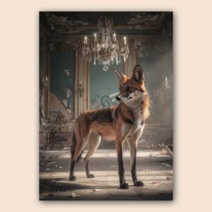 Affiche renard debout dans un salon abandonné avec lustre en cristal, murs écaillés, parquet ancien et lumière douce