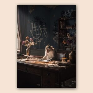 Singe assis à un bureau en bois avec livres et fleurs dans une pièce sombre au mur bleu avec graffiti