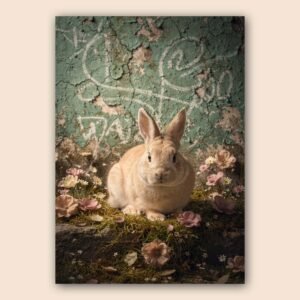Lapin beige assis sur de la mousse entouré de fleurs devant un mur vert texturé et patiné