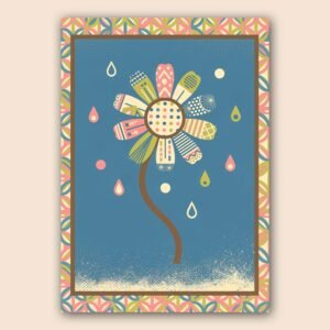 Affiche avec fleur graphique colorée aux motifs géométriques sur fond bleu avec éléments décoratifs rétro