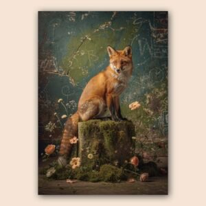 Affiche renard roux assis sur socle moussu avec fleurs devant mur texturé vert et artistique