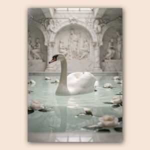 Affiche cygne blanc nageant dans un bassin avec fleurs flottantes devant décor architectural classique sculpté