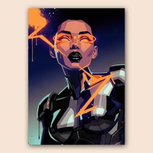 Affiche illustration femme cyberpunk avec yeux lumineux orange et effets graphiques néon sur fond sombre
