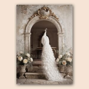 Affiche paon blanc sous arche en pierre ancienne avec compositions florales et décor vintage élégant