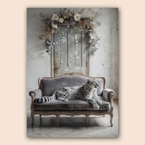 Affiche léopard des neiges allongé sur canapé vintage avec porte ancienne et couronne de fleurs séchées en arrière-plan
