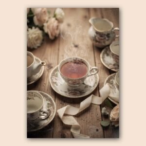 Affiche tasse de thé fumante en porcelaine florale avec service à thé et fleurs sur table en bois ambiance chaleureuse