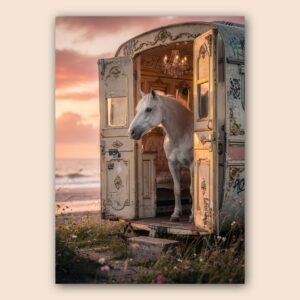 Affiche cheval blanc dans caravane ancienne ouverte avec lustre face à la mer au coucher de soleil ambiance vintage