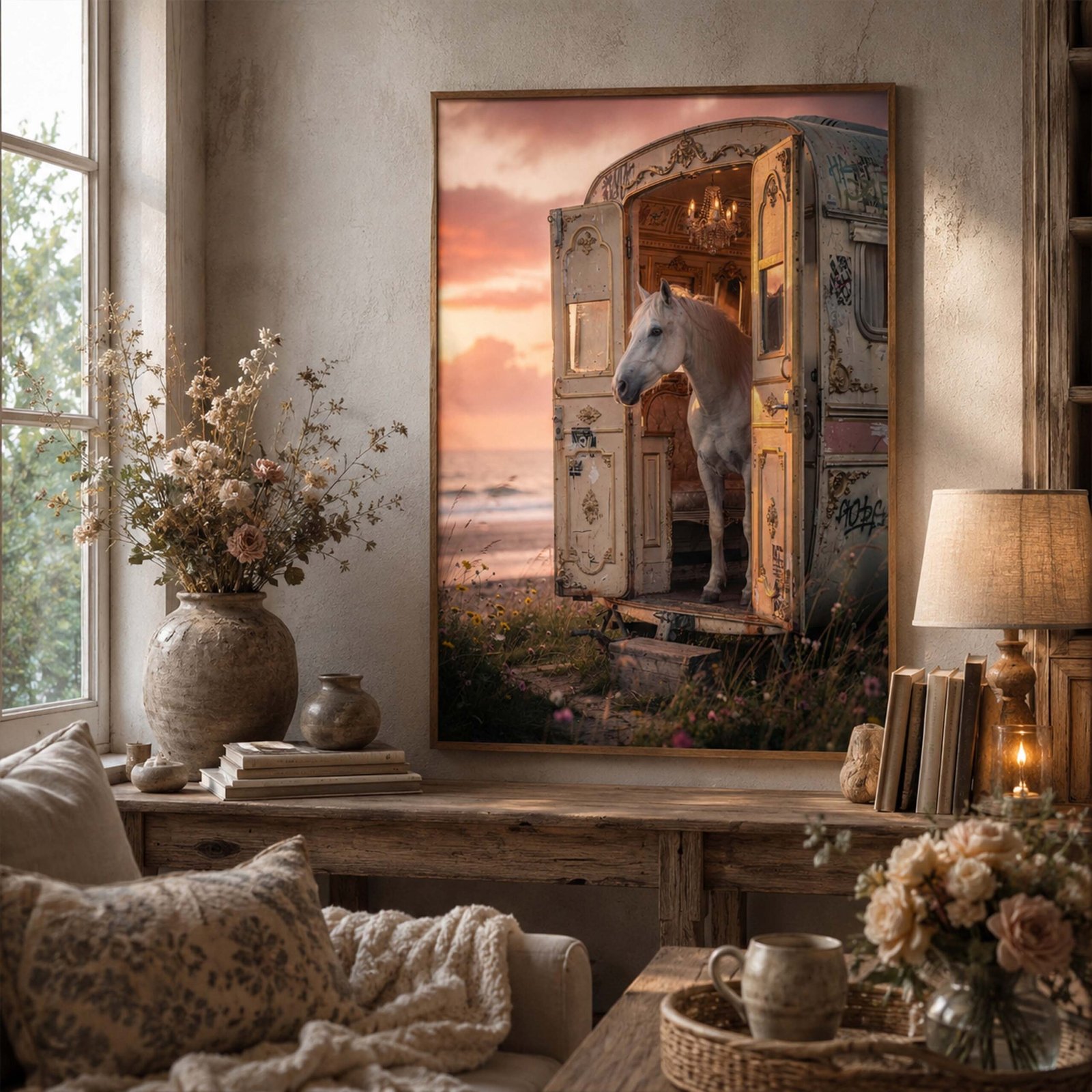Affiche cheval blanc dans caravane baroque pour salon ou chambre – Image 3