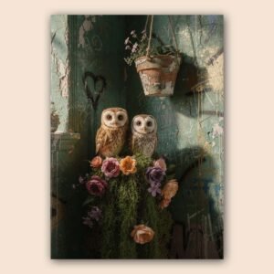 Affiche deux chouettes sur fleurs devant mur vert patiné avec pot suspendu ambiance bohème vintage