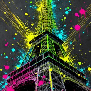 Affiche street art de la Tour Eiffel en contre-plongée avec éclaboussures fluo jaunes, roses, vertes et turquoise sur fond sombre.