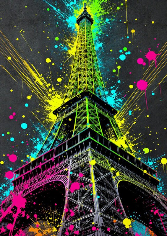 Affiche street art de la Tour Eiffel en contre-plongée avec éclaboussures fluo jaunes, roses, vertes et turquoise sur fond sombre.